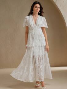 Anewsta Vestido Elegante Azul com Renda e Manga Curta, Estilo Boêmio para Festivais de Música, Primavera/Verão, Feminino - Branco - Visão 3