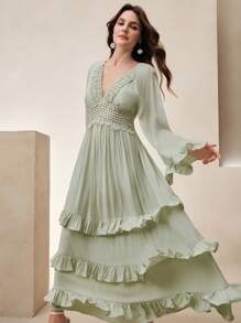 Anewsta Französisches minimalistisches Rüschen V-Ausschnitt Langarm Glockenkleid - Grün - Übersicht 5