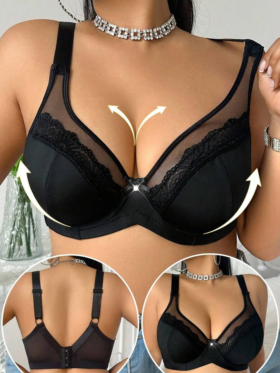 SHEIN 1pc Plus Size Lace Patchwork Underwire Bra, Lift - Black - View 1
