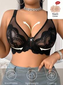 1pc Plus Size Lace Sheer Sexy Underwire Lingerie Bra - Black - View 6