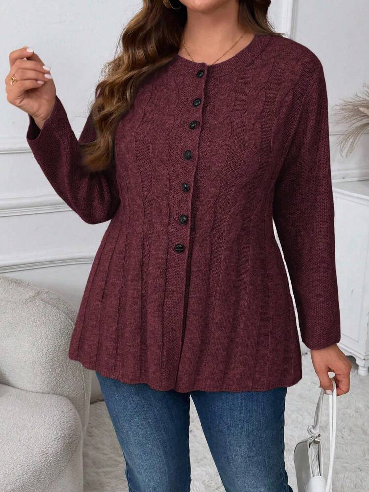 Momelise Plus Size Women Crochet Button Front Long Sleeve Cardigan Winter Fall Autumn - Burgundy - View 3
