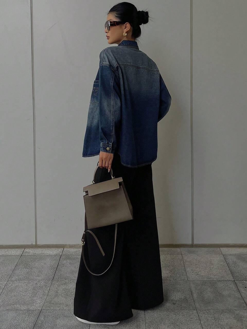 Vintage Denim Shirt For Women, Loose Fit Long Sleeve Blouse Jacket With Embroidery Design, Casual Tops