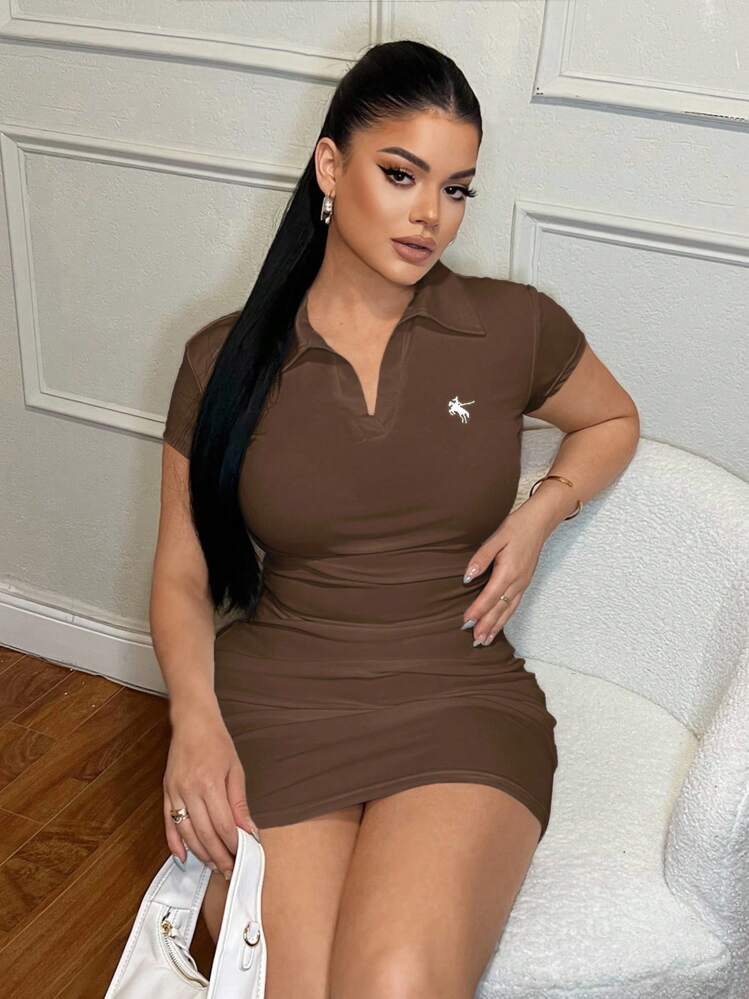 SHEIN SXY 休闲商务绣花领连衣裙 - 棕色 - 查看 7