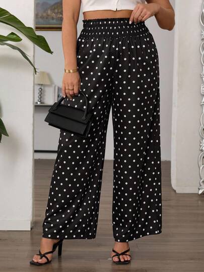 SHEIN Tall CURVE Plus Size Women's Waist Drawstring Polka Dot Print Wide Leg Loose Pants Fall Cloth For Women