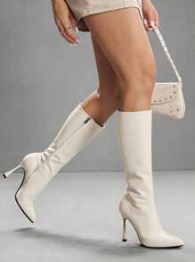 CUCCOO SZL Silver Gray Fashionable Women's Knee-High Heeled Boots - White - View 7