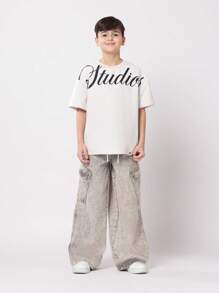 SUMWON Áo thun in chữ Oversized Studios dáng rộng trễ vai thời trang tuổi teen xuân hè thu thường ngày cuối tuần phong cách đường phố đô thị - Màu Khaki - Xem 4