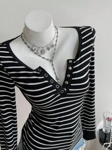 Elamini Áo thun cổ tròn tay dài ôm sát, vải sọc đen trắng, không cổ, khóa kéo nửa, cài nút, thiết kế tối giản, phong cách đường phố thường ngày, trang phục cổ điển, đa năng cho phụ nữ vào mùa xuân/thu - Đen và trắng - Xem 5