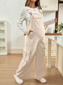 SHEIN 孕妇纯色口袋休闲百搭无袖连体裤 - 杏色 - 查看 7