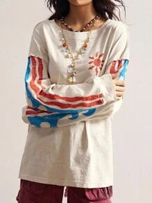 Bohemela Plus Size Women Casual Loose Fit Round Neck Long Sleeve T-Shirt/Winter - Apricot - View 4