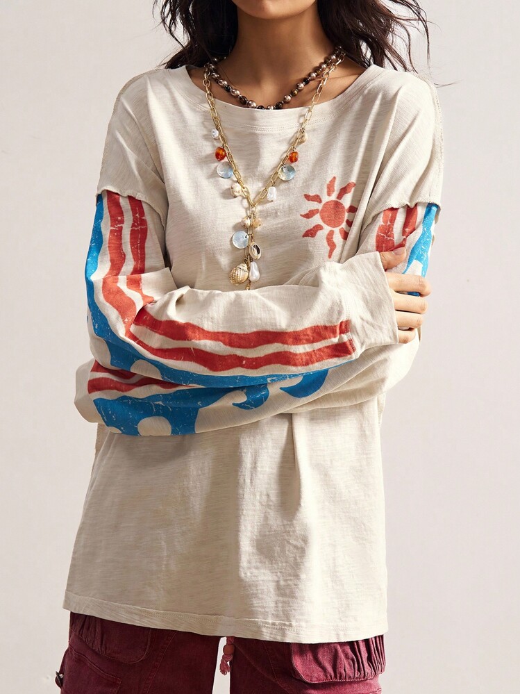 Bohemela Plus Size Women Casual Loose Fit Round Neck Long Sleeve T-Shirt/Winter - Apricot - View 4