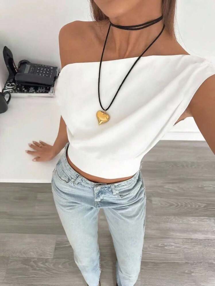 Siren Gaze Blusa corta casual y elegante con pliegues asimétricos para mujer, adecuada para el verano y el uso diario - Blanco - Ver 3