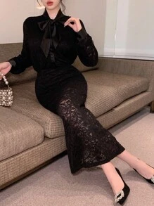 DAZY Women's Lace Fabric Bowknot Long Sleeve Loose Cardigan And A-Line Skirt Elegant 2 Pieces Set,Fall Women Clothes - Black - View 6