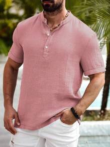 Manfinity Homme Manfinity Nomadique Men's Casual Cotton-Linen Shirt Summer Hengli Collar