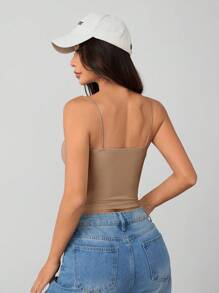 SHEIN PETITE Áo ba lỗ hở ngực bó sát cổ tròn thoáng khí cơ bản màu trắng dành cho nữ - Màu Khaki - Xem 2