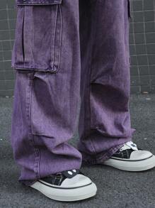 Manfinity Roghcode Celana Jeans Kargo Pria Ukuran Besar Motif Bunga Ungu, Potongan Lebar, Gaya Anak Muda, Modis dan Bergaya, Cocok untuk Pesta, Jalan-jalan, Makan Malam, Musim Panas, Gaya Vintage Y2K - Purple - View 7