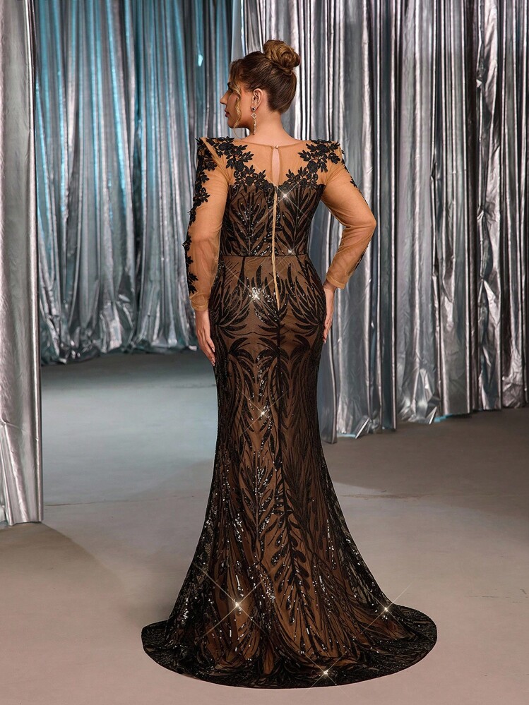 Glamrae Plus Size Elegant Formal Evening Prom Brown Spring Dress,Luxury Applique Beads Mesh Deep V Neck Slim Fishtail Hem Wedding Guest Party Gown For Women - Black - View 3