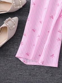 Mädchen Tween Jumpsuit mit Schleife, Streifen-Allover-Muster, Rüschenärmeln, Taillenbindung - Pink - Übersicht 8