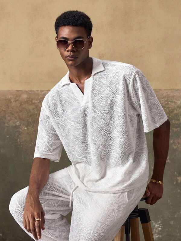 AKNOTIC Men's Textured Short Sleeve Loose Elastic Polo Shirt And Pants Set