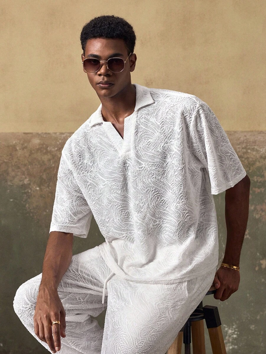 AKNOTIC Men's Textured Short Sleeve Loose Elastic Polo Shirt And Pants Set - Apricot - View 1