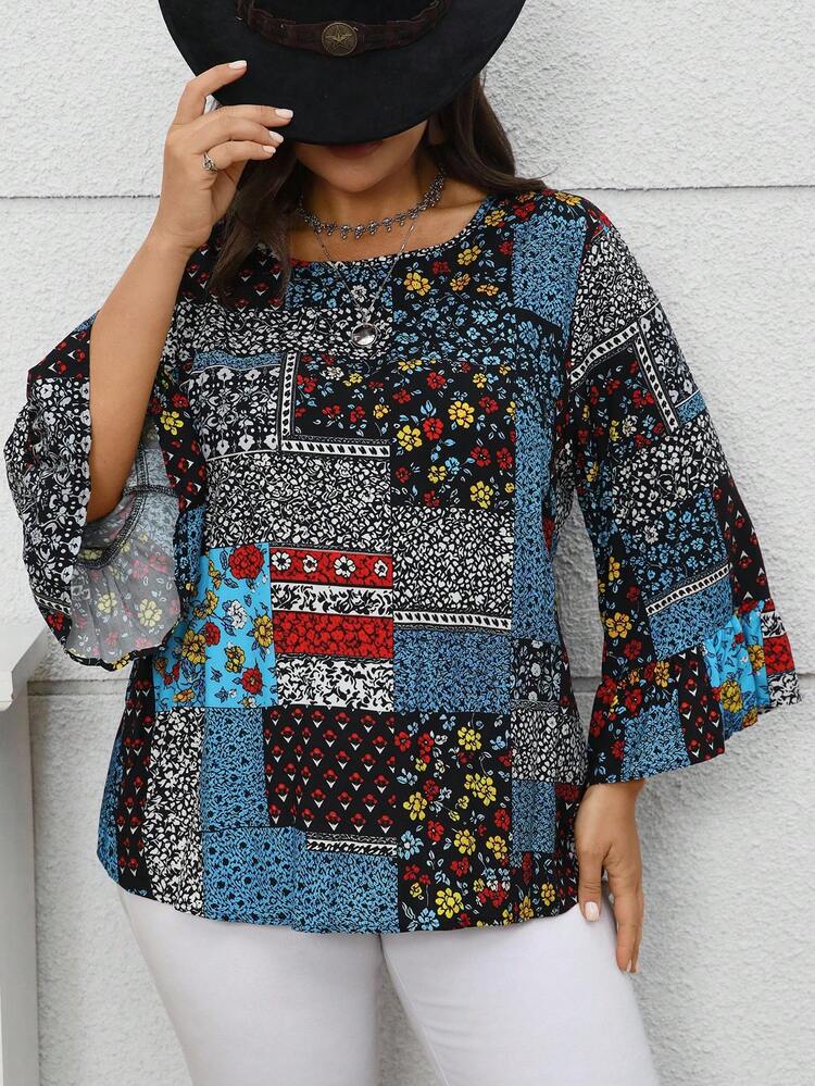 EMERY ROSE Plus Size Women's Fall Daily Casual Vacation Vintage Floral Print Round Neck 3/4 Sleeve Ruffle Cuff Floral Print Blouse Tops, Autumn, Fall Women Country Concert Boho Winter,Fall,Vintage,Going Out,2025 New - Multicolor - View 3