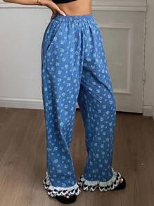 DAZY Pantalones holgados de pijama para mujer con estampado floral de tipo ditsy bordado y dobladillo con volantes, estilo vacacional, otoño - azul real - Ver 5