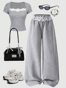 Sparklyn 青少年女孩宽松休闲甜美可爱百搭百搭蝴蝶结蕾丝边运动运动裤，适合日常通勤、休闲、度假、与朋友聚会、街头摄影、四季皆宜