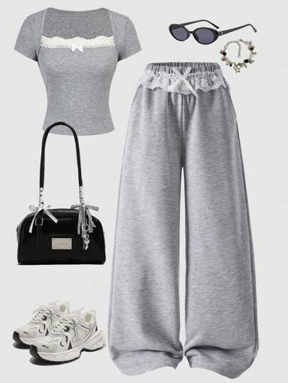 Pantalones deportivos sueltos y casuales con lazo y encaje para niñas preadolescentes, versátiles y adorables, aptos para uso diario, ocio, vacaciones, reuniones con amigos, fotografía callejera, para todas las estaciones