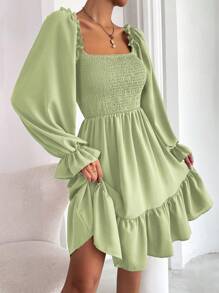 Chiquease Square Neck Shirred Bodice Flounce Sleeve Ruffle Hem Dress Fall Cloth For Women - Mint Green - View 1