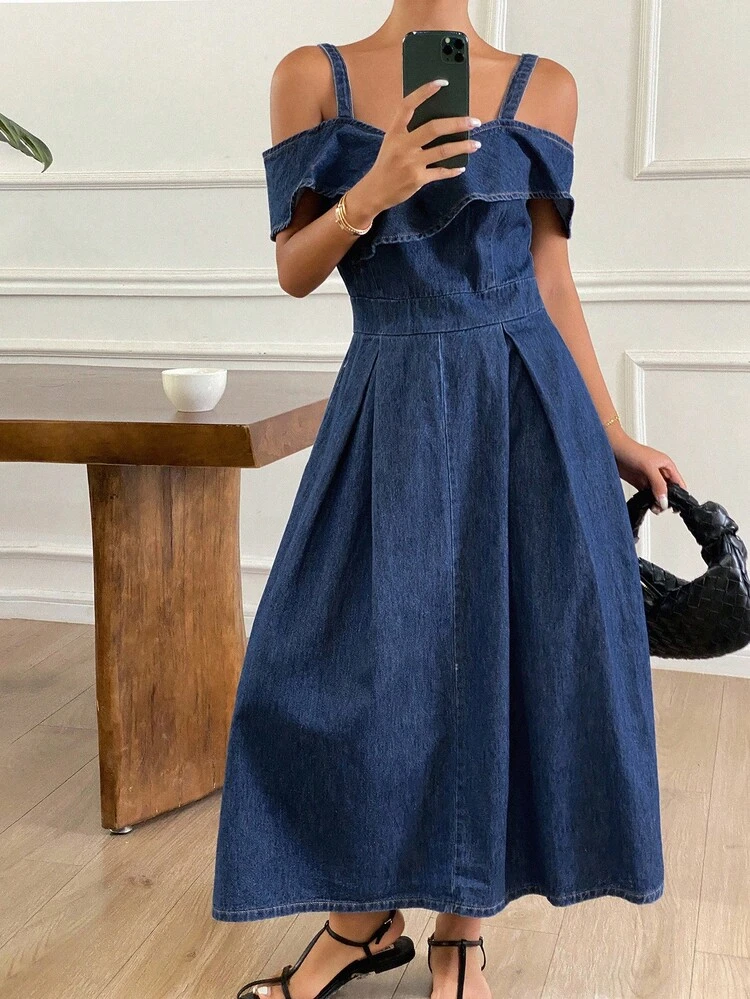 Women's Denim Ruffled Open Shoulder Denim Dress Sundress