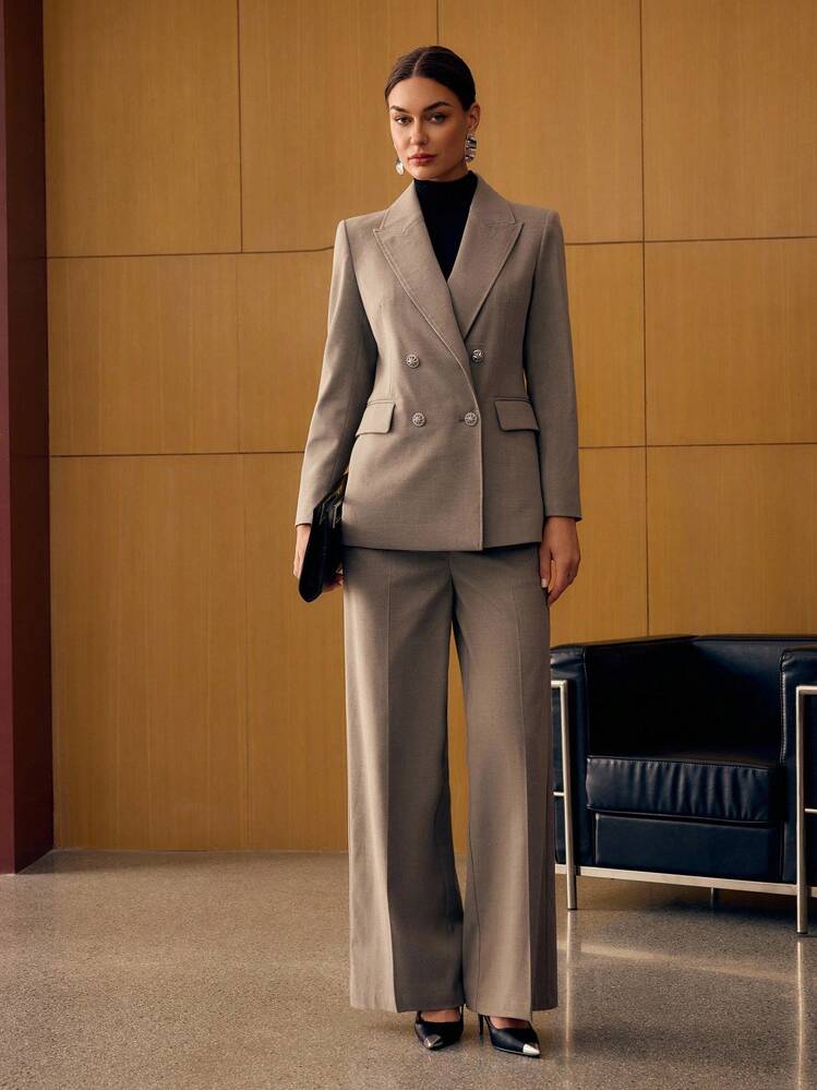 MOTF PREMIUM 人字纹高腰阔腿裤，秋冬 - 灰色 - 查看 2