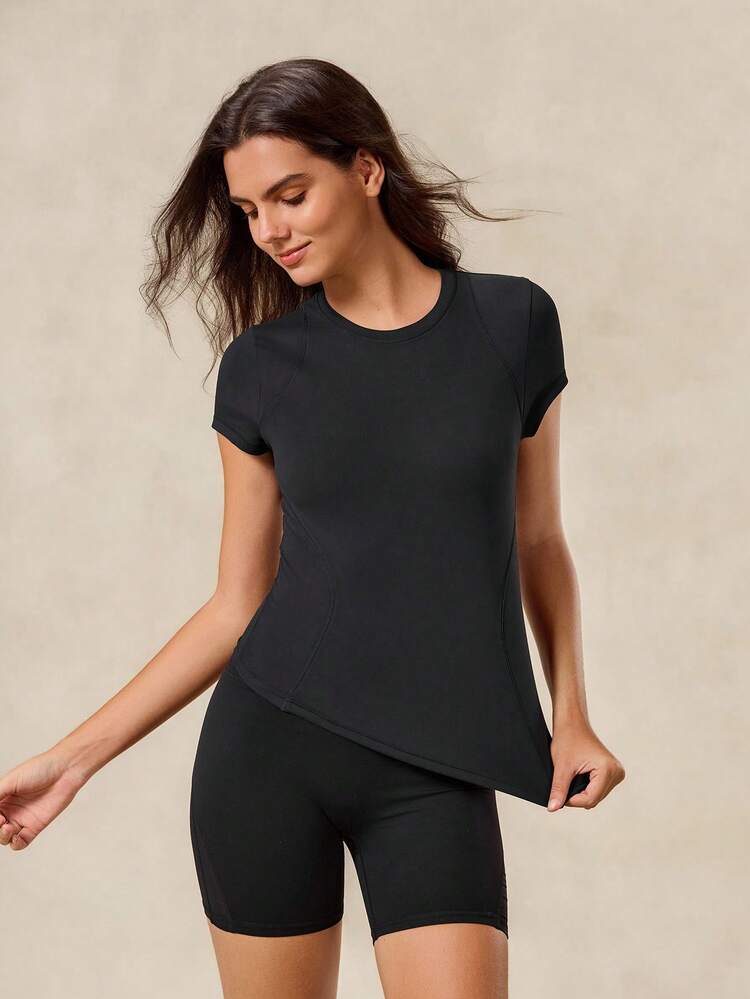 OutZeal Camiseta deportiva negra para mujer, unicolor, para entrenamiento, yoga, casual, verano, primavera, de secado rápido, diseño de malla, ajuste ceñido, mangas cortas, camisetas de compresión, tops activos - Negro - Añade 8