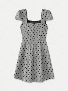 lacRébo 复古风格波点迷你连衣裙，方领泡泡袖，秋季连衣裙度假连衣裙外出连衣裙返校连衣裙秋冬