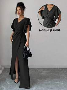 Elenzga Ruffled Sleeve V-Neck Waist Fitted Mermaid Hem Elegant Romantic Women Dress - Black - View 7