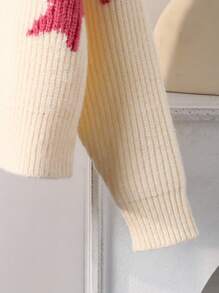 Young Girl Star Pattern Drop Shoulder Long Sleeve Single-Breasted Knit Cardigan - Beige - View 6