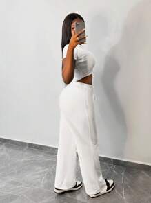 Slaydiva Quần ống đứng dáng suông, đơn giản, phong cách đường phố, thể thao, dây rút, màu trắng in hình ngôi sao, dành cho nữ. - trắng - Xem 5