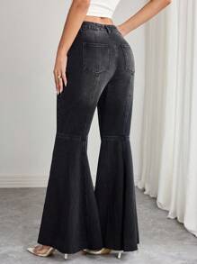 Elenzga Women's High Waist Pocketed Flare Casual Versatile Denim Jeans - Black - View 2