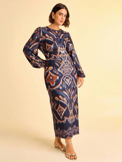 CAJUNI Vestido con mangas acampanadas estampado, ropa casual de playa y vacaciones para mujeres