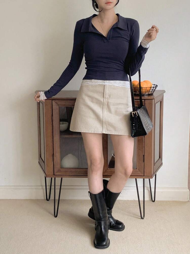 Women's Lace Patchwork Collar Long Sleeve Slim Fit Casual T-Shirt