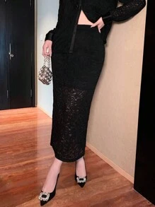 DAZY Women's Lace Fabric Bowknot Long Sleeve Loose Cardigan And A-Line Skirt Elegant 2 Pieces Set,Fall Women Clothes - Black - View 3