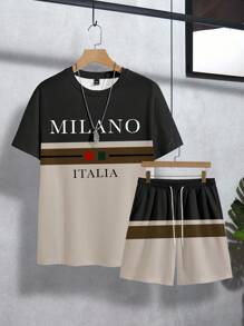 Manfinity Homme Ensemble t-shirt décontracté d'été et short pour hommes avec imprimé lettres bicolores