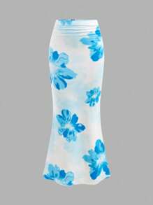 SHEIN 青少年女孩蓝色休闲花卉印花长袖锁眼腰部褶饰紧身连衣裙（含短裙）两件套 - 藍色 - 查看 8