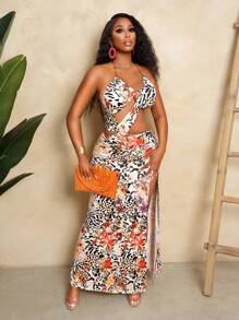 BamGleam Váy yếm hở lưng họa tiết da báo và hoa gợi cảm dành cho nữ có đường xẻ - Nhiều màu - Xem 6