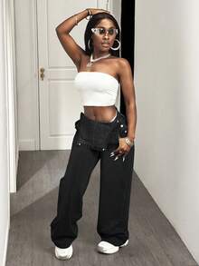 Slaydiva 女式宽松牛仔背带裤 - 黑色 - 查看 4