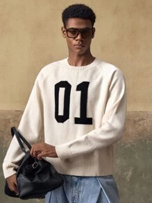 AKNOTIC 男士休闲针织套头衫 - 杏色提花圆领 - 可机洗或干洗 - 厚实摇粒绒针织面料 - 适合秋冬日常穿着 - 杏色 - 查看 2