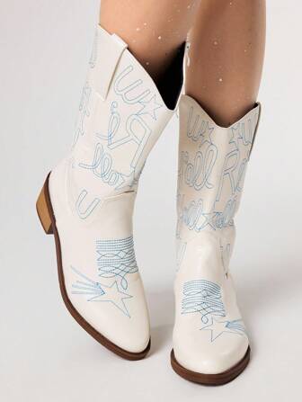 Fairycore Botas altas de mujer de media pantorrilla con punta redonda, corte en V, tacón grueso y versátil, con bordados y lentejuelas, de estilo de moda 2025