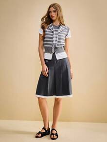 Muvela Váy xếp ly dài vừa phải màu tương phản có túi phong cách học đường cổ điển dành cho nữ, đa năng cho mùa tựu trường vào mùa thu - màu đen - Xem 1