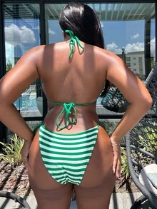 Alexandranx Women's Summer Beach Striped Halter Tie Sexy Bikini Swimsuit Set - Green - View 2