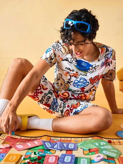 Notgurli Cool Streetwear Bear & Letter Print Short Sleeve T-Shirt & Shorts Men Lounge Set