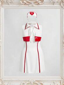 SHEIN 3pcs Plus Size Cosplay Series Contrast Trim Sleeveless Costume Set - Red and White - View 7