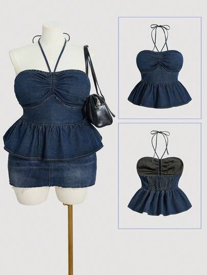 Sweetra Blusa vaquera holgada de estilo casual y urbano para mujer de talla grande, azul oscuro